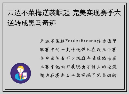 云达不莱梅逆袭崛起 完美实现赛季大逆转成黑马奇迹
