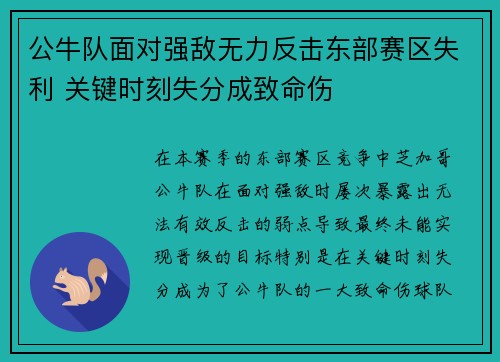 公牛队面对强敌无力反击东部赛区失利 关键时刻失分成致命伤