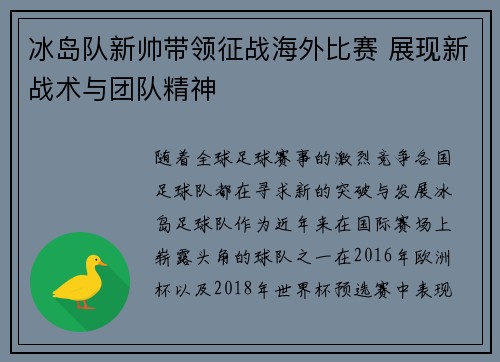 冰岛队新帅带领征战海外比赛 展现新战术与团队精神