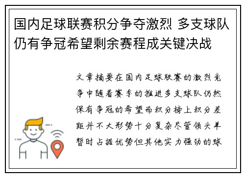国内足球联赛积分争夺激烈 多支球队仍有争冠希望剩余赛程成关键决战
