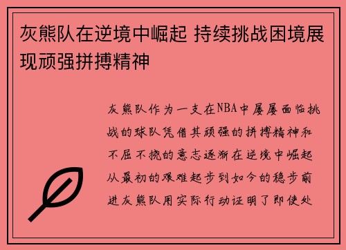 灰熊队在逆境中崛起 持续挑战困境展现顽强拼搏精神
